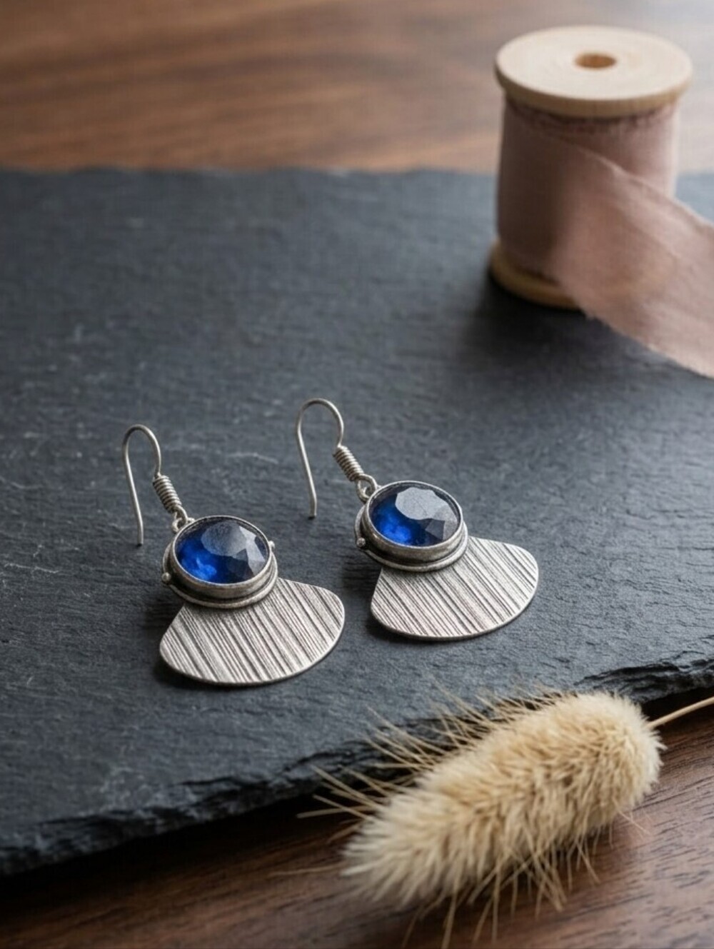 Silver Drop Earrings Blue Crystal 925 Sterling Textured Fan Artisan Boho 1.8" - Picture 17 of 17